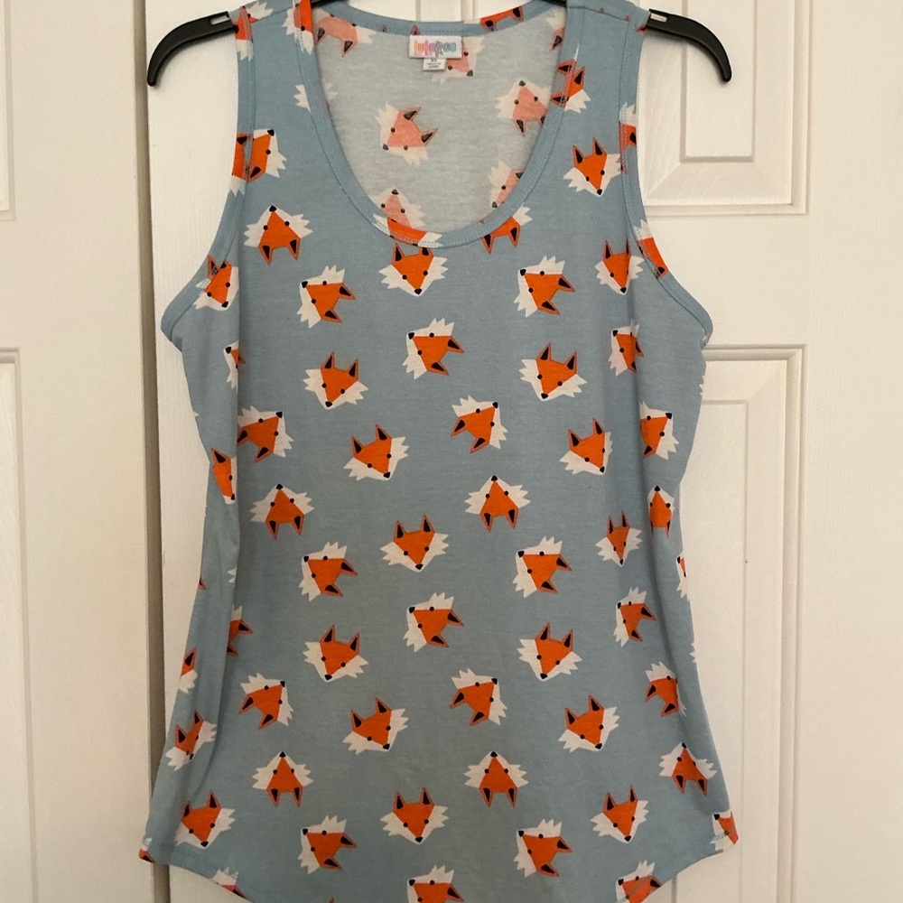 LuLaRoe XL Light Blue Sleeveless Tank Top - Cute Foxes